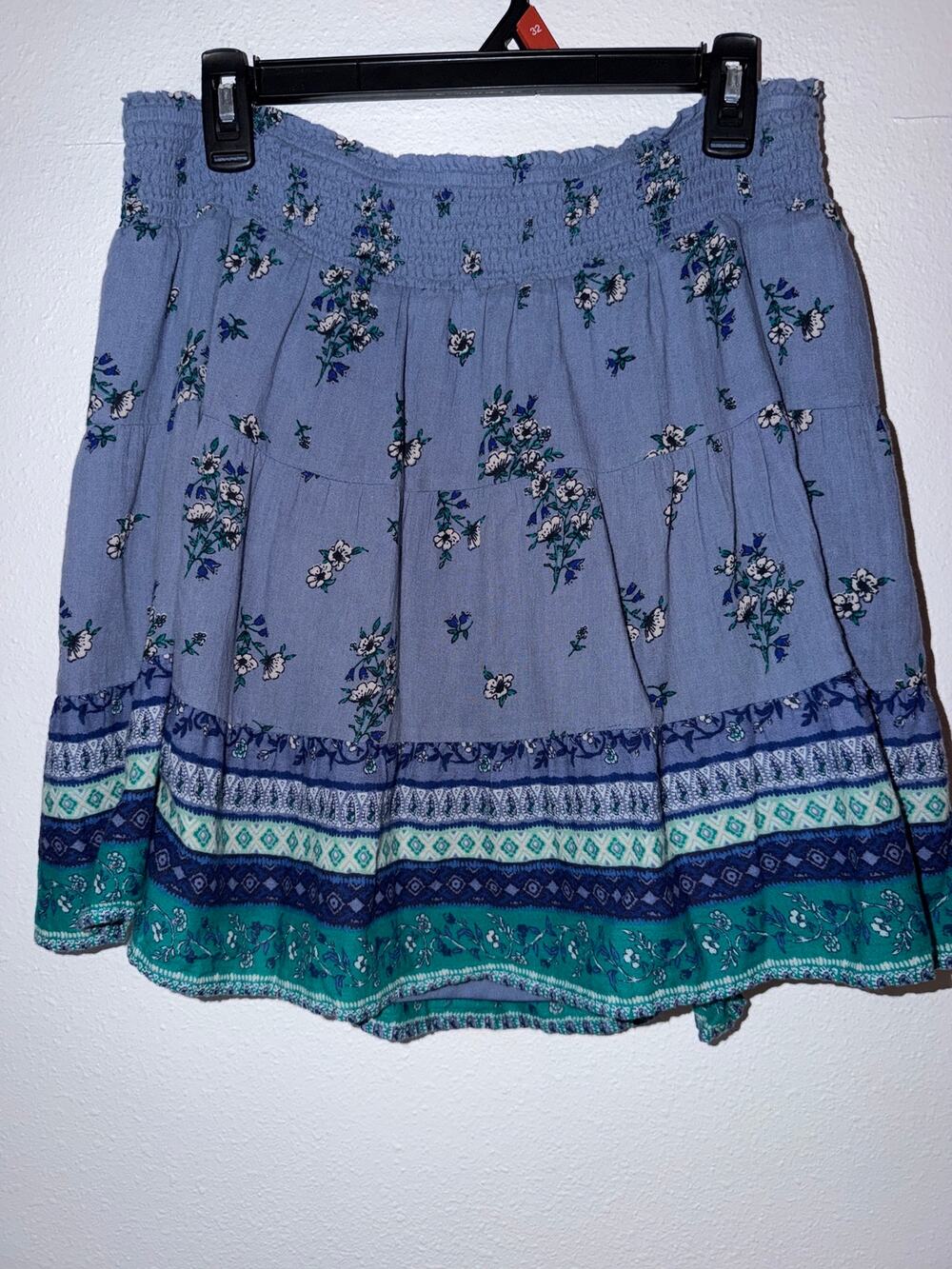 Old Navy Fairycore Blue Floral Boho Chic Smocked Stretchy Mini Skirt Size Large